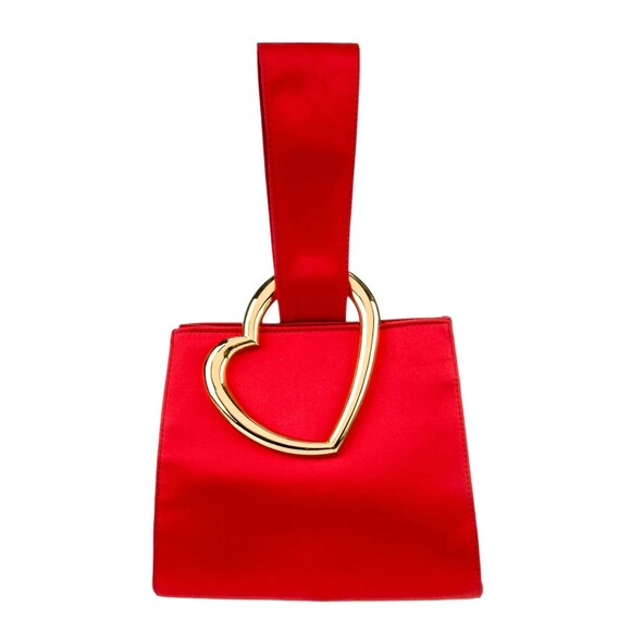 DESIGNER EDIE PARKER RED SATIN GOLD TONE HEART OPEN TOP EVENING BAG